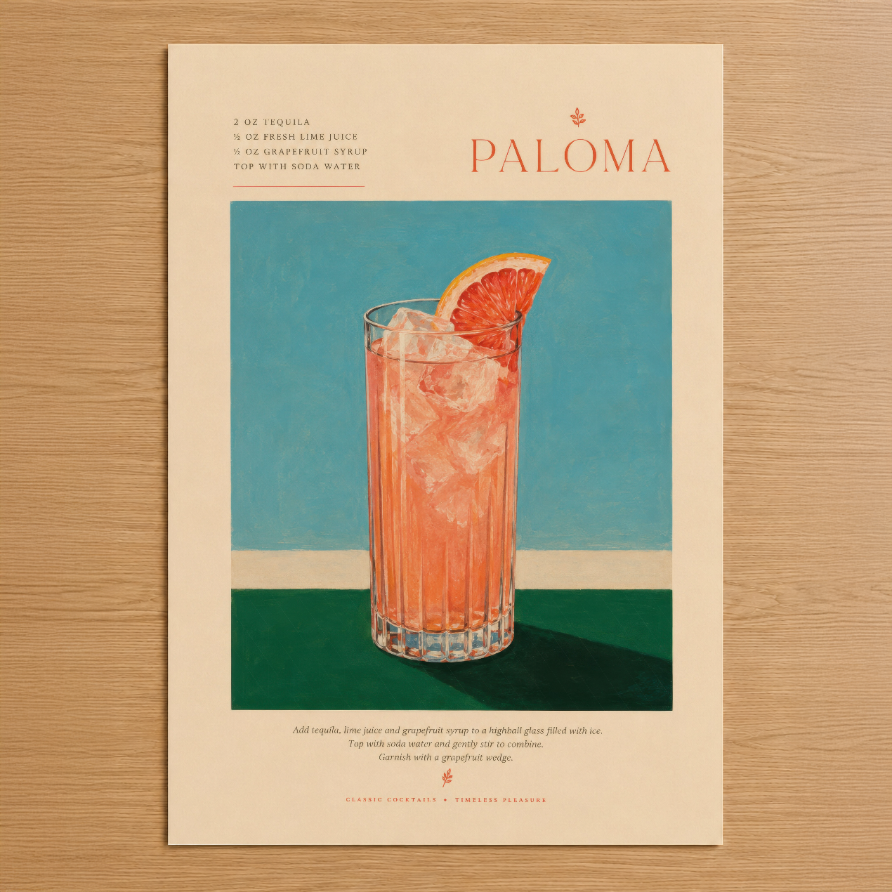 Paloma kokteyl posteri, geometrik tasarımla pembe grapefruit içeceğinin sanatsal temsilini sunan retro stil duvar tablosu.