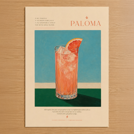 Paloma kokteyl posteri, geometrik tasarımla pembe grapefruit içeceğinin sanatsal temsilini sunan retro stil duvar tablosu.