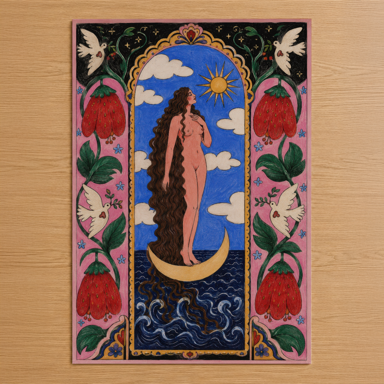 Ay üzerinde duran kadın figürü, güneş ve bulutlarla çevrili mistik tarot tarzı poster.