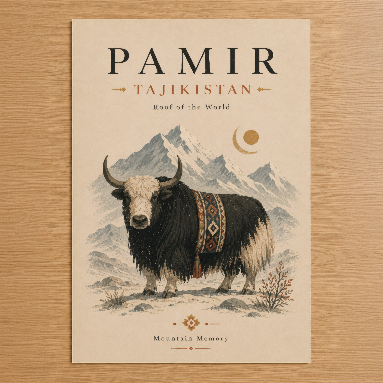 Pamir Tacikistan tablosu, dağ manzarası arka planında geleneksel kıyafetli yak figürü ve ay sembolü içeren sanat baskısı.