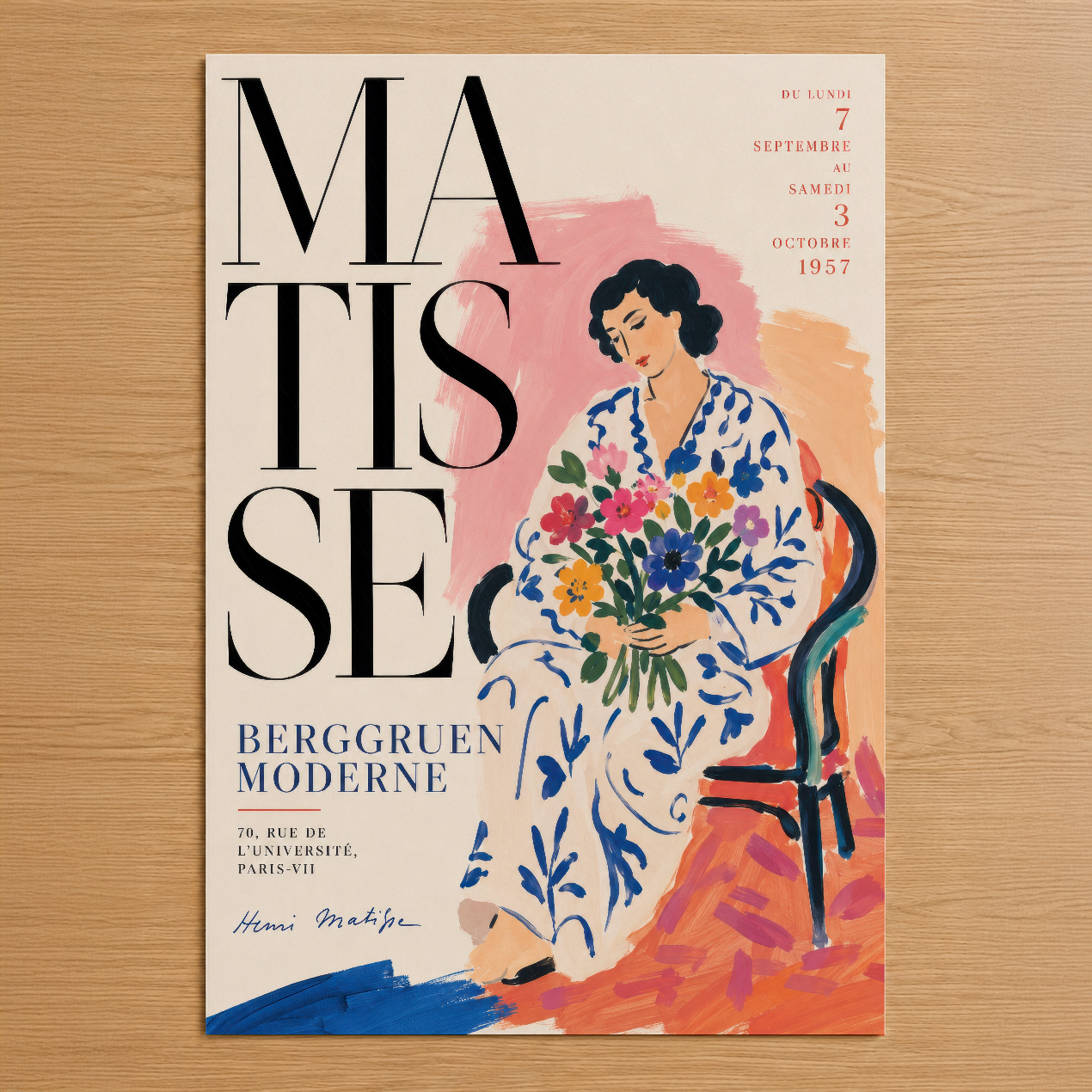 Matisse Berggruen Moderne 1957 poster, çiçekli elbiseli kadın figürü ve soyut renkli fırça darbeleriyle sanat deco tarzında.
