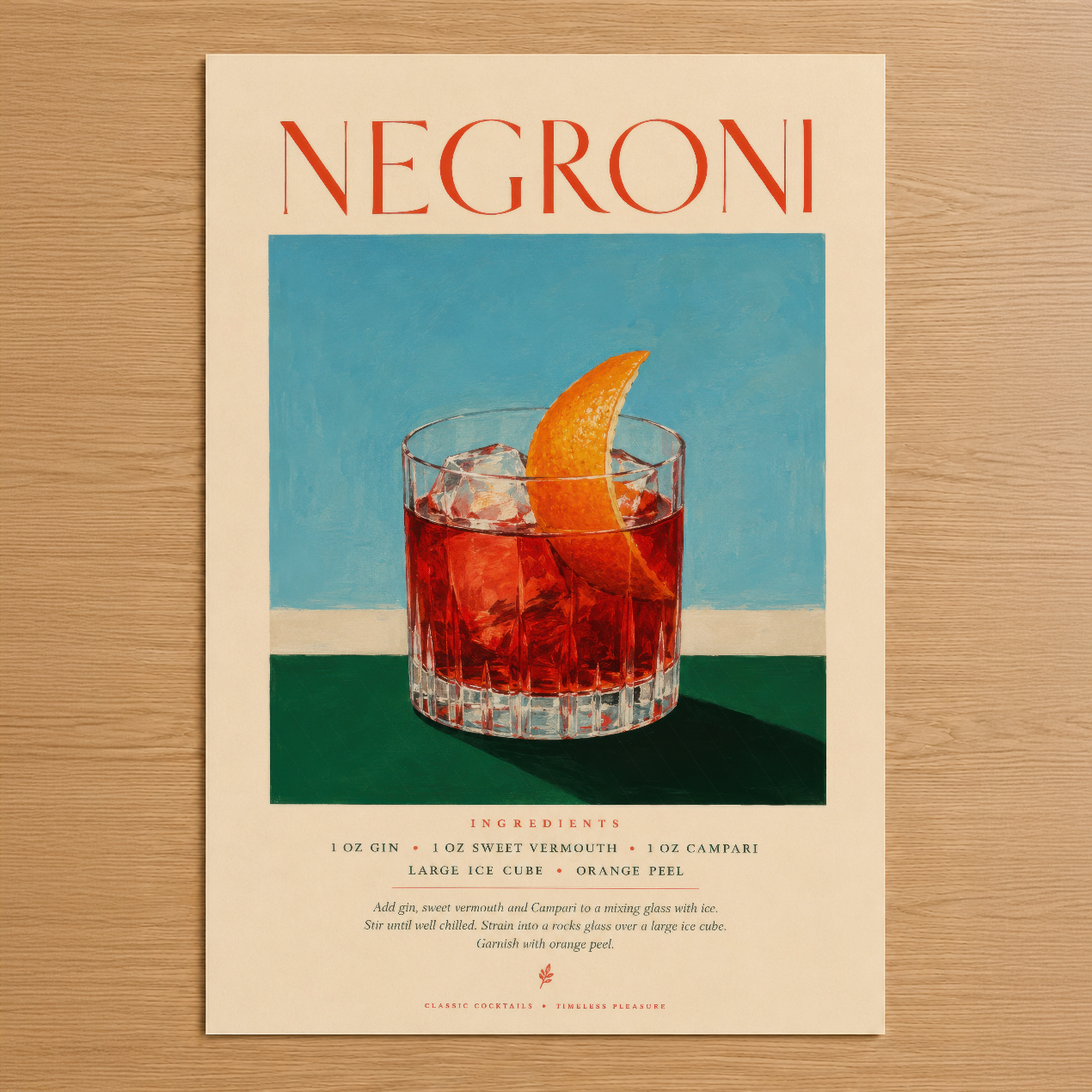 Negroni kokteyl posteri, retro sanat stilinde cam bardak ve portakal kabuğu tasarımı.