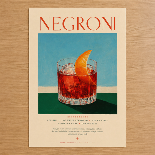 Negroni kokteyl posteri, retro sanat stilinde cam bardak ve portakal kabuğu tasarımı.