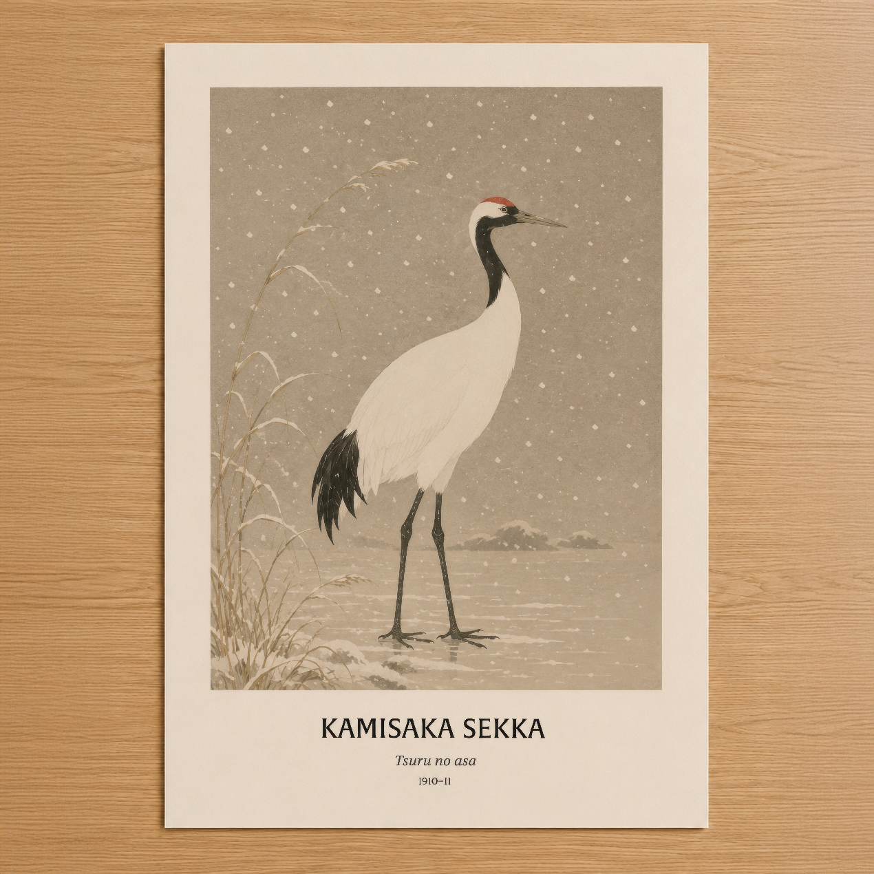 Kamisaka Sekka'nın klasik japon sanat tarzında, kar yağan kış ortamında zarif bir turna kuşunu tasvir eden poster.