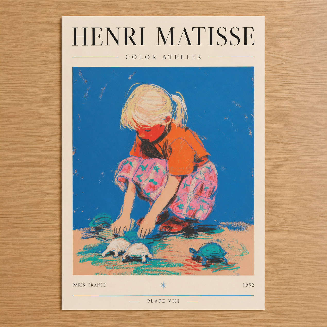 Matisse Color Atelier 1952, çocuğun oyununu renkli çizgilerle gösteren sanat poster.