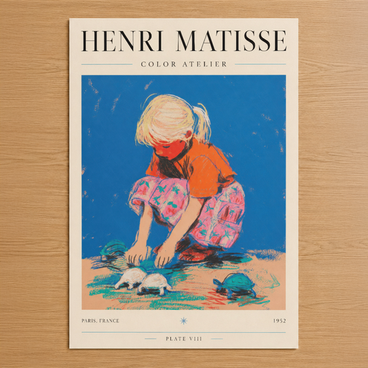 Matisse Color Atelier 1952, çocuğun oyununu renkli çizgilerle gösteren sanat poster.