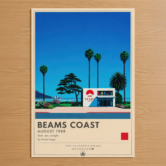 Beams Coast posteri, 1988 California Dreams temasında retro estetik ve açık mavi gökyüzü altında palmiye ağaçlarıyla
