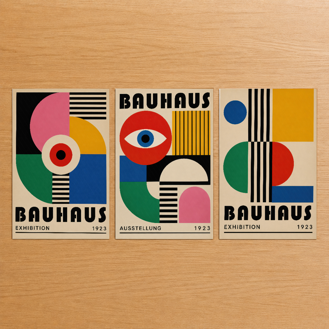 1923 Bauhaus sergisi posterlerinin üç parçalı seti, renkli geometrik şekiller ve tipografi ile modernist tasarım.