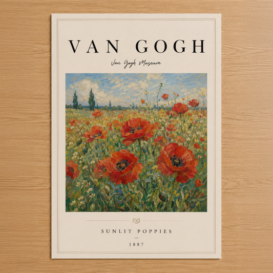 Van Gogh'un 1887 tarihli Sunlit Poppies (Güneşte Parlayan Gelincikler) tablosu, canlı kırmızı çiçeklerin yeşil tarlada
