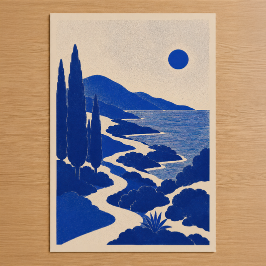 Kobalt mavi tonlarında, sipresleri ve kıvrılan yolu gösteren minimalist manzara tablosu, retro poster stilinde.