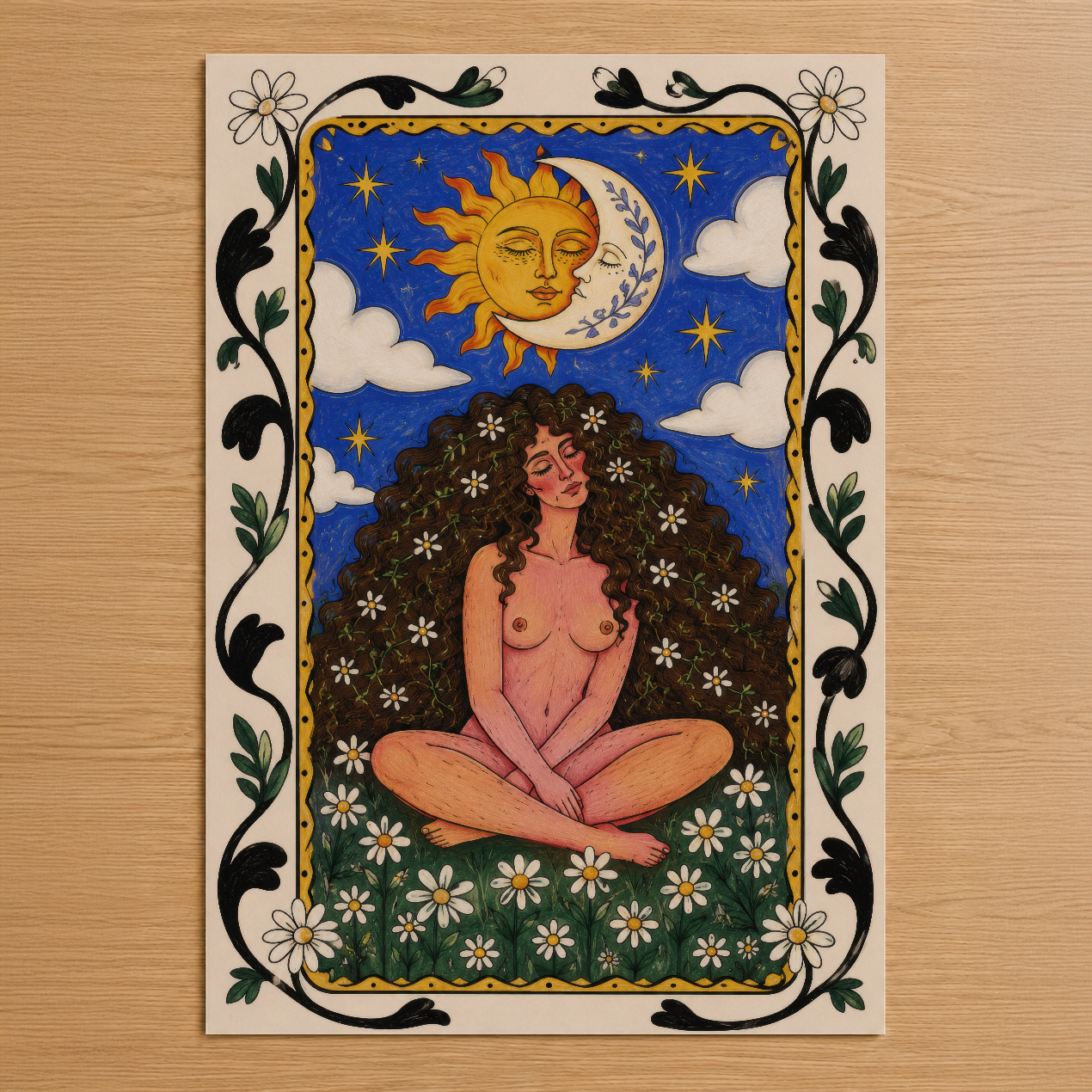 Güneş ve ay figürlü boho sanat tablosu, çiçek motifli dekoratif çerçeve ve renkli illüstrasyon içeriyor.