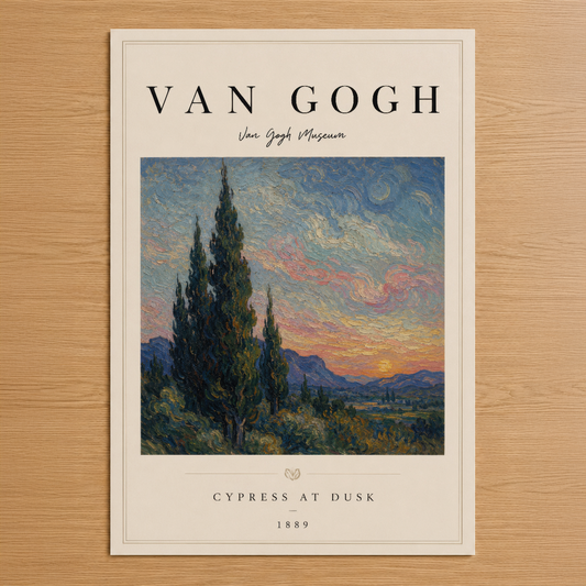 Van Gogh'un ikonik eseri Cypress at Dusk, sakin bir gün batımında sivrilen selvi ağaçlarını ve renkli gökyüzünü tasvir eder.