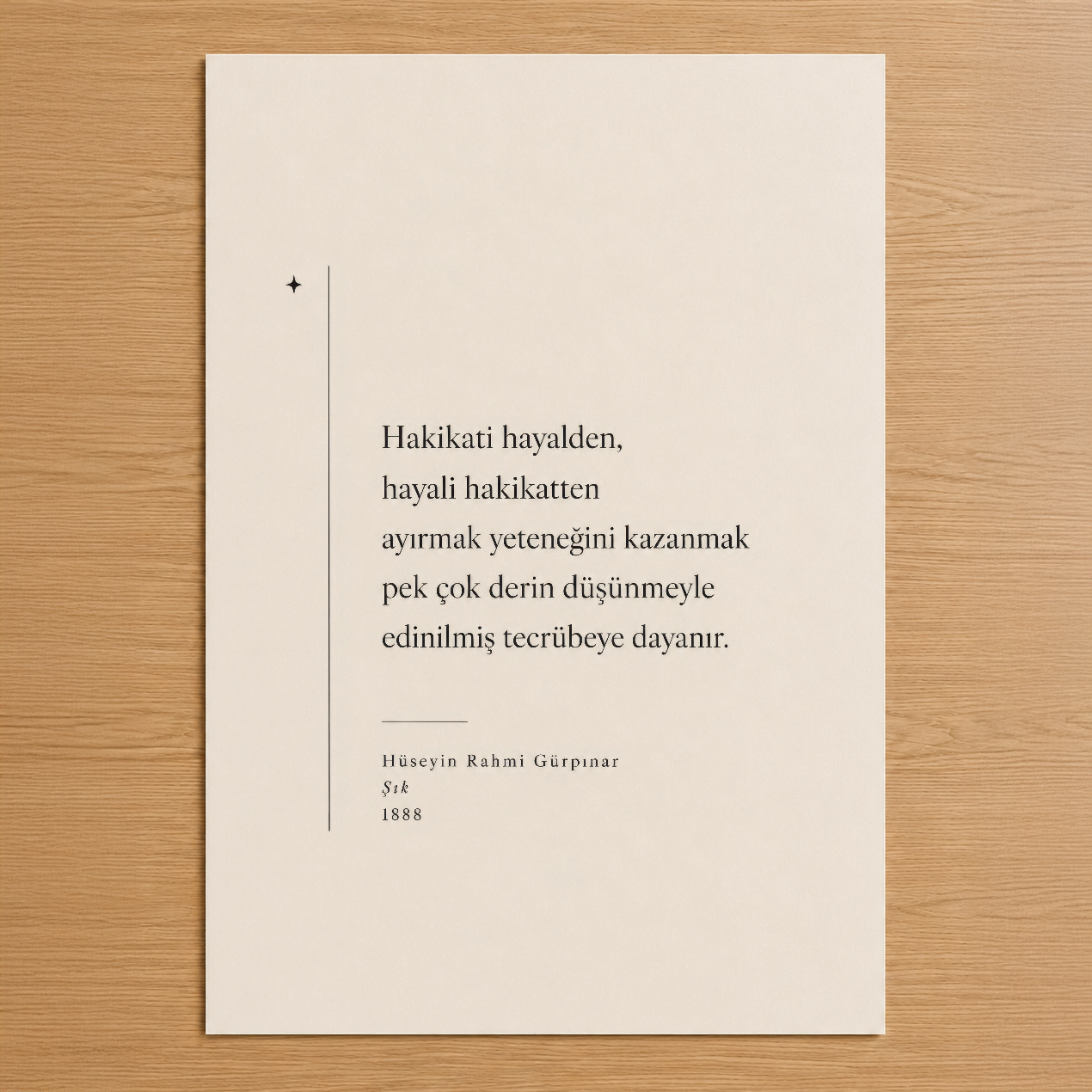 Hüseyin Rahmi Gürpınar'ın 1888 tarihli Şık eserinden alıntı, minimalist tasarım ve klasik tipografi ile boş ahşap zemin