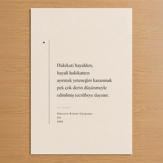 Hüseyin Rahmi Gürpınar'ın 1888 tarihli Şık eserinden alıntı, minimalist tasarım ve klasik tipografi ile boş ahşap zemin