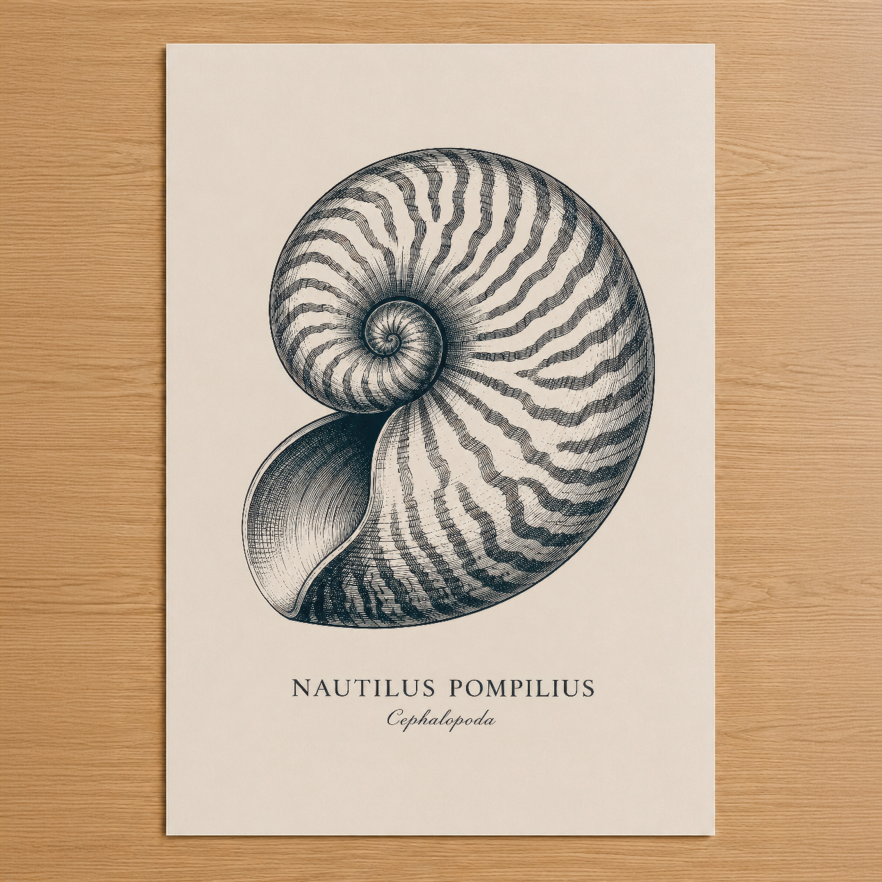 Nautilus Pompilius motifli klasik doğa bilimi tarzı duvar tablosu, spiral kabuğun detaylı gravür sanatı.