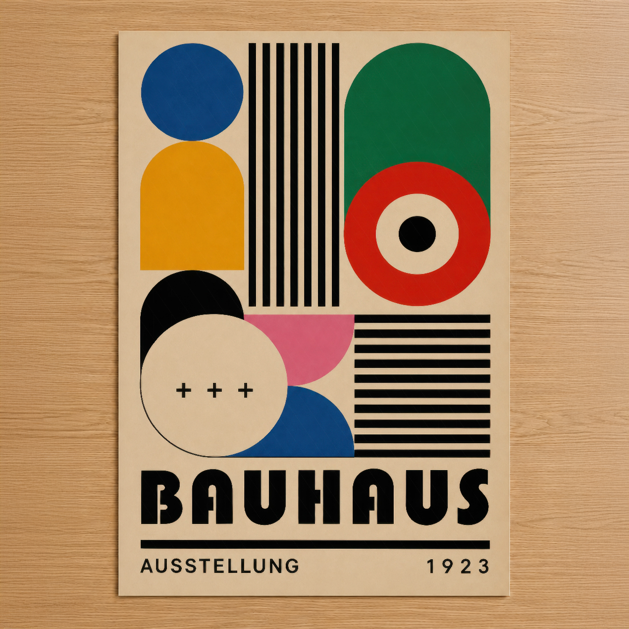 Bauhaus 1923 sergisi afişi, canlı renkli geometrik şekiller ve siyah çizgilerle soyut tasarım sanatı.