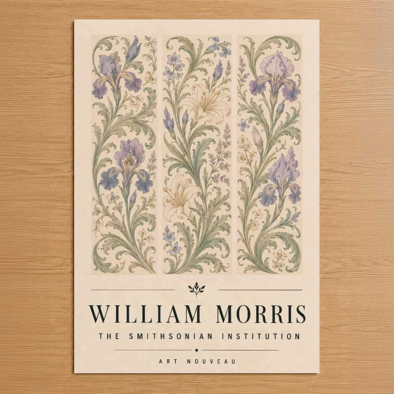 William Morris Art Nouveau tasarımı, mor iris çiçekleri ve zarif yaprak motifleriyle klasik dekoratif tablo.