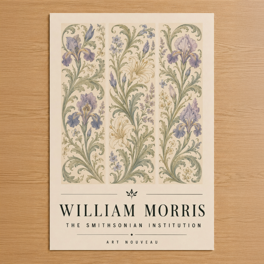 William Morris Art Nouveau tasarımı, mor iris çiçekleri ve zarif yaprak motifleriyle klasik dekoratif tablo.