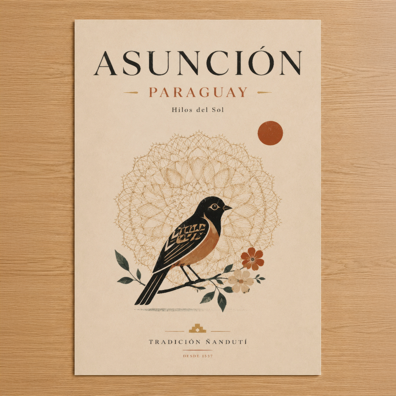 Asunción Paraguay temalı minimalist poster, zarif kuş ve geometrik desen tasarımıyla.