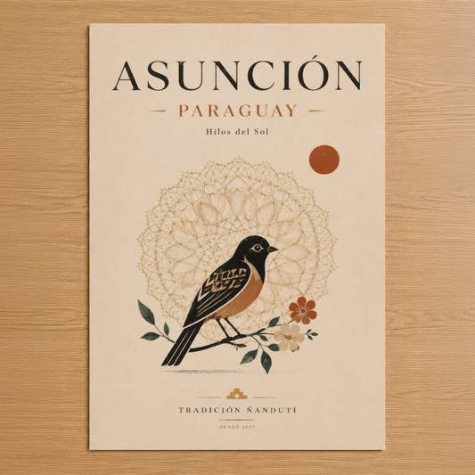 Asunción Paraguay temalı minimalist poster, zarif kuş ve geometrik desen tasarımıyla.