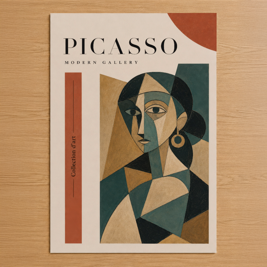 Picasso Modern Gallery posteri, geometrik yüz portresini terrakota, altın ve yeşil tonlarında soyut stilde sunan duvar
