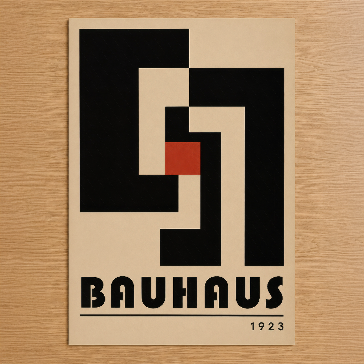 1923 Bauhaus tasarımı, siyah ve krem tonlarında geometrik soyut kompozisyon, kırmızı aksent detayı.