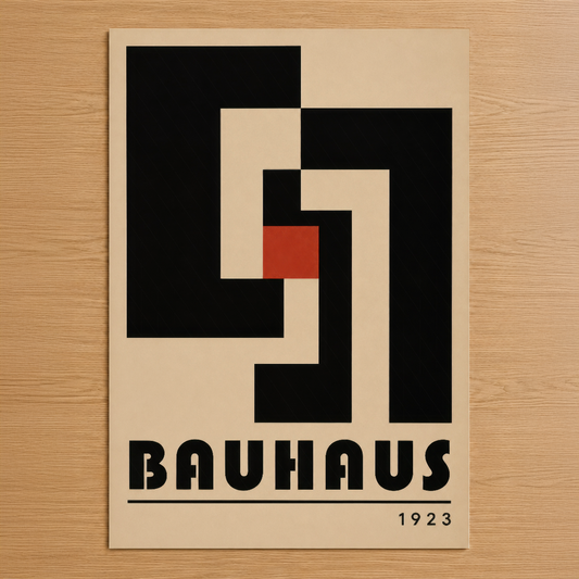 1923 Bauhaus tasarımı, siyah ve krem tonlarında geometrik soyut kompozisyon, kırmızı aksent detayı.
