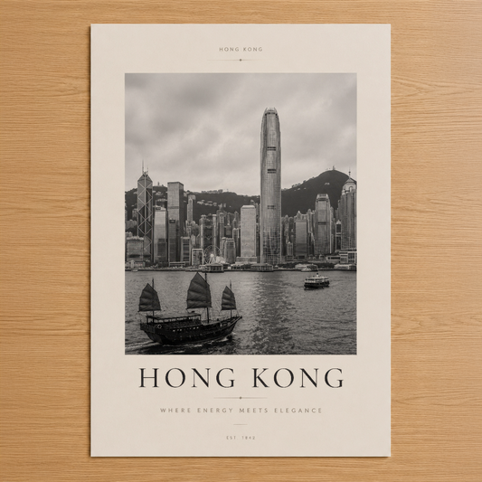 Hong Kong şehir manzarası ve yelkenli tekne tasvirli, minimalist estetik duvar tablosu.