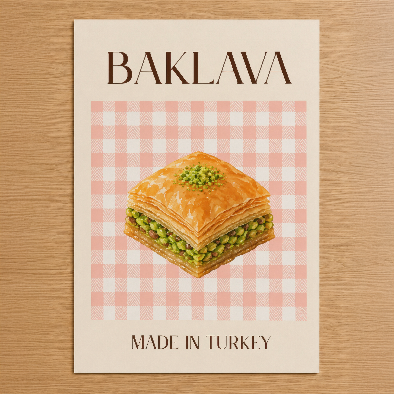Baklava posteri, pembe kariyer desen zemin üzerinde altın rengi tatlı görseli ve Türk yapımı yazısı içeren sanat baskısı.