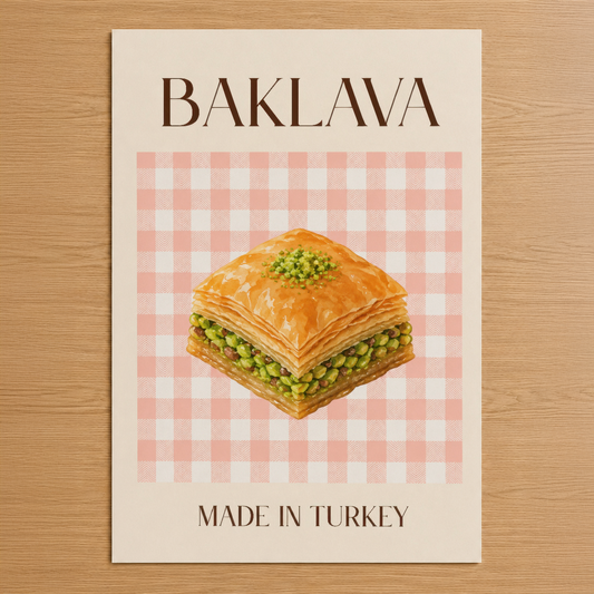 Baklava posteri, pembe kariyer desen zemin üzerinde altın rengi tatlı görseli ve Türk yapımı yazısı içeren sanat baskısı.