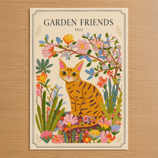 Vintage tarzda Garden Friends tablosu, renkli çiçekler arasında oturan sarı tabby kediye odaklanan sanat eseri, 1922.