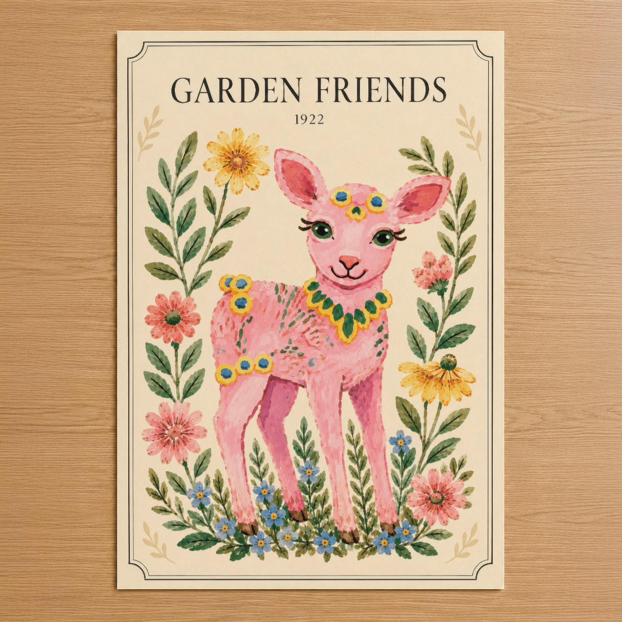 Vintage tarzı Garden Friends posteri, pembe geyik ve renkli çiçekler, 1922 tasarımı
