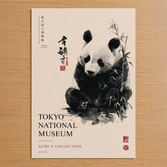 Asya sanatından ilham alan siyah beyaz panda tablosu, bambu motifi ve kırmızı mühürlerle Tokyo Müzesi koleksiyonunu andıran
