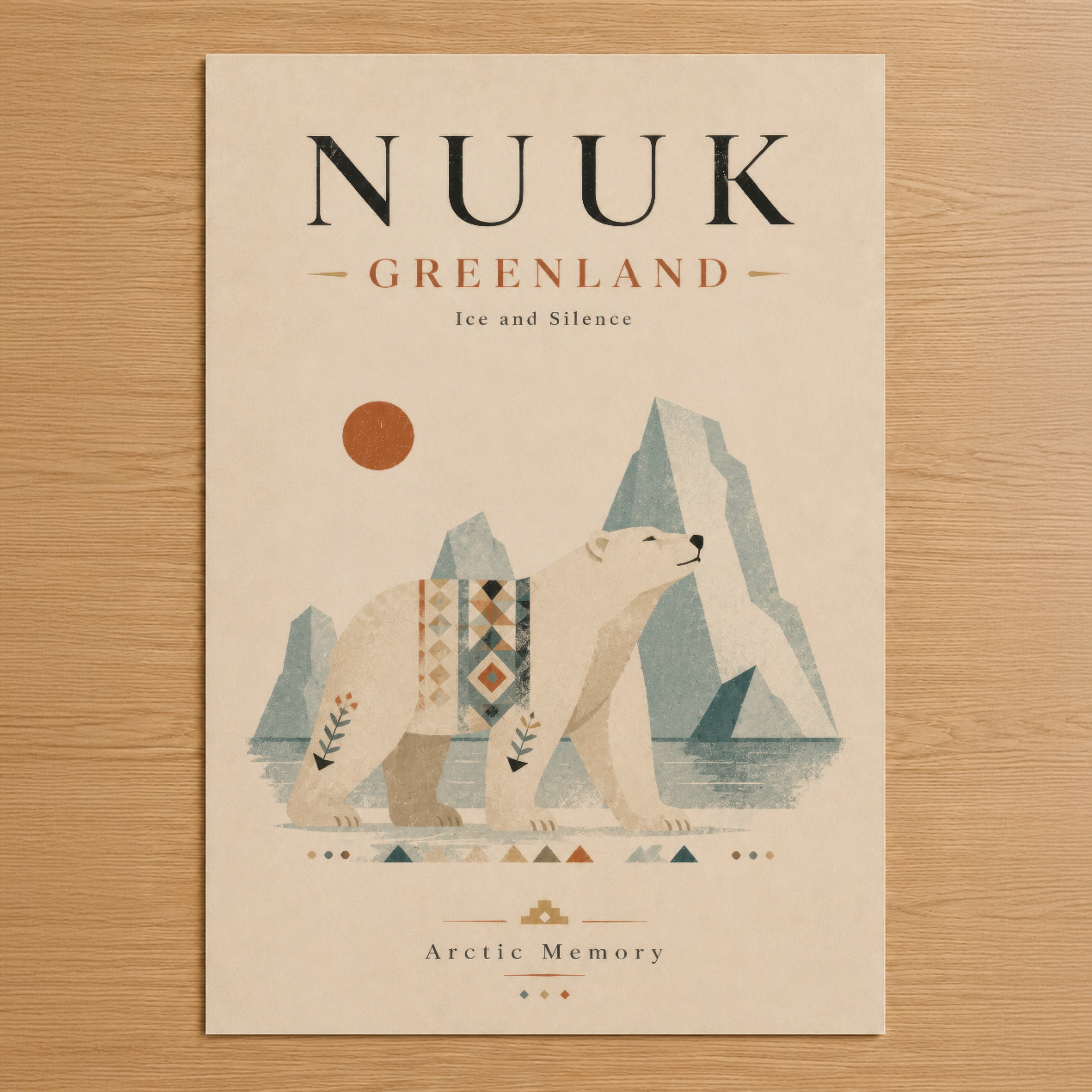 Nuuk Grönland tasarımı, kutup ayısı ve buz dağlarının minimalist sanat stilinde beige tonlu dekoratif tablosu.
