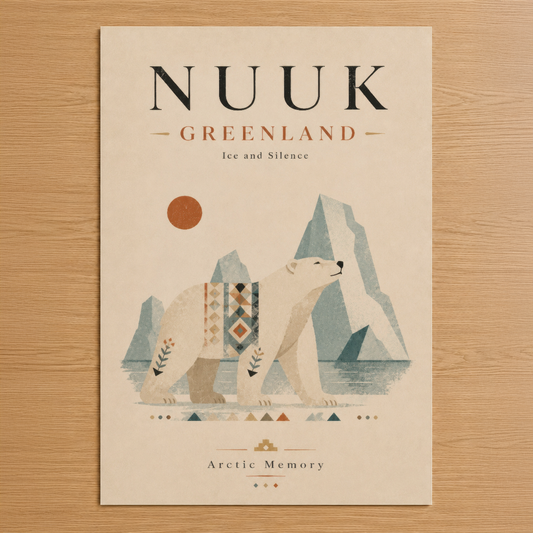 Nuuk Grönland tasarımı, kutup ayısı ve buz dağlarının minimalist sanat stilinde beige tonlu dekoratif tablosu.