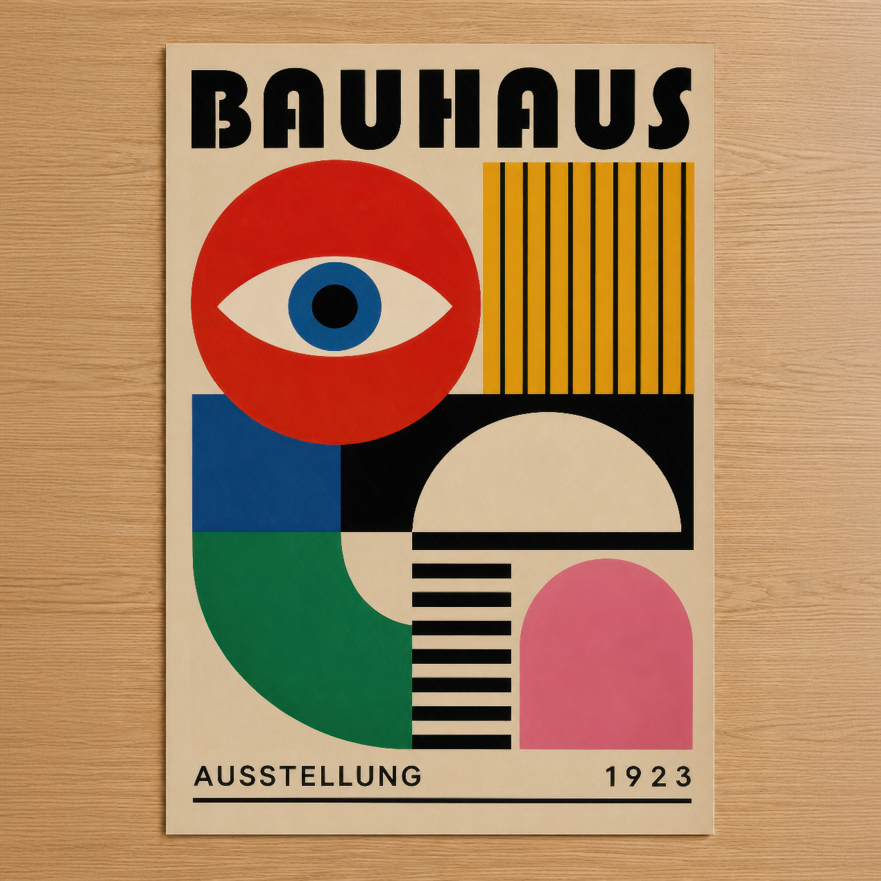 Bauhaus Ausstellung 1923 posterinin ikonik tasarımı, kırmızı göz, sarı çizgiler ve renkli geometrik şekillerle.