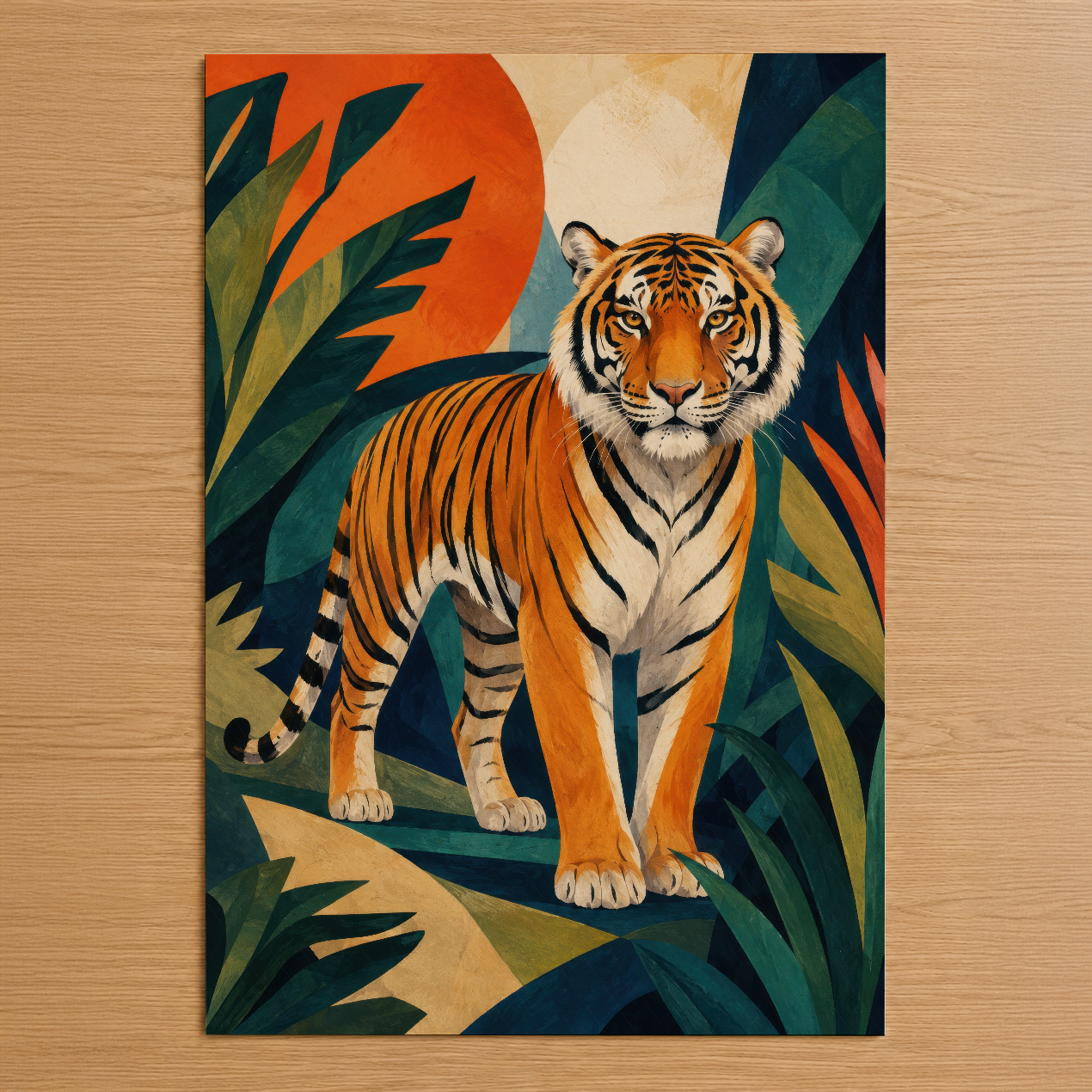 Sanat Déco tarzında çizilmiş kaplan portresi, canlı turuncu güneş ve tropikal yaprak motiflerinin arasında güçlü duruşuyla.
