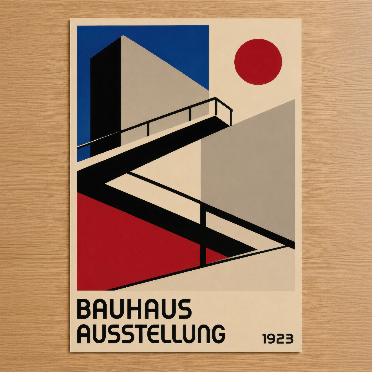 1923 Bauhaus sergisini yansıtan geometrik tasarım, siyah merdivenler ve canlı renkleriyle modernist sanat tablosu.