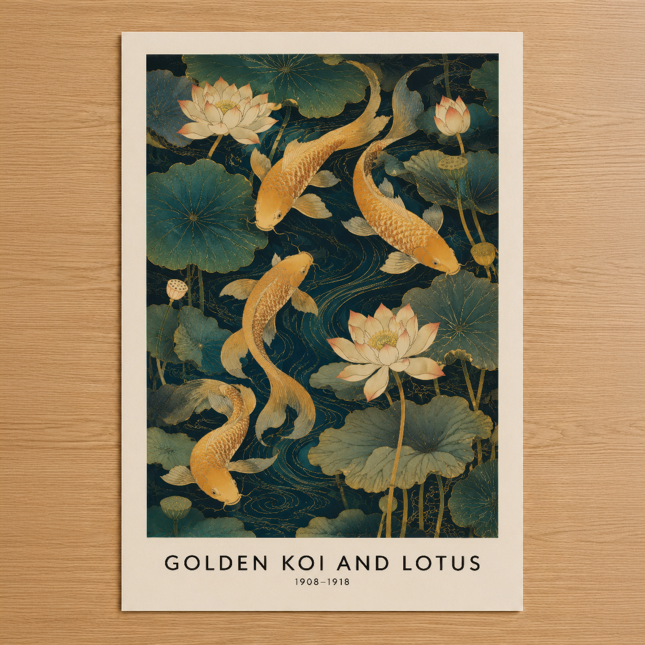 Altın koi balıkları ve lotus çiçekleriyle dolu sakin bir gölet sahnesi, Japon sanatının klasik estetiğine sahip vintage stil