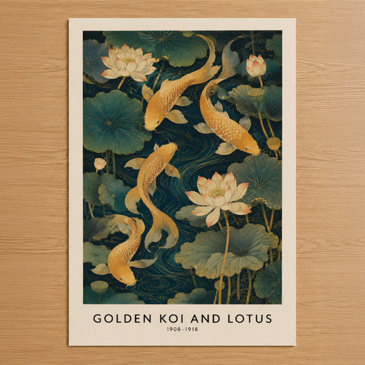 Altın koi balıkları ve lotus çiçekleriyle dolu sakin bir gölet sahnesi, Japon sanatının klasik estetiğine sahip vintage stil