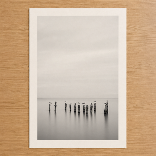 Minimalist siyah beyaz fotoğraf sanat baskı, sakin su üzerinde ahşap direkleri gösteren huzurlu doğa tablosu.