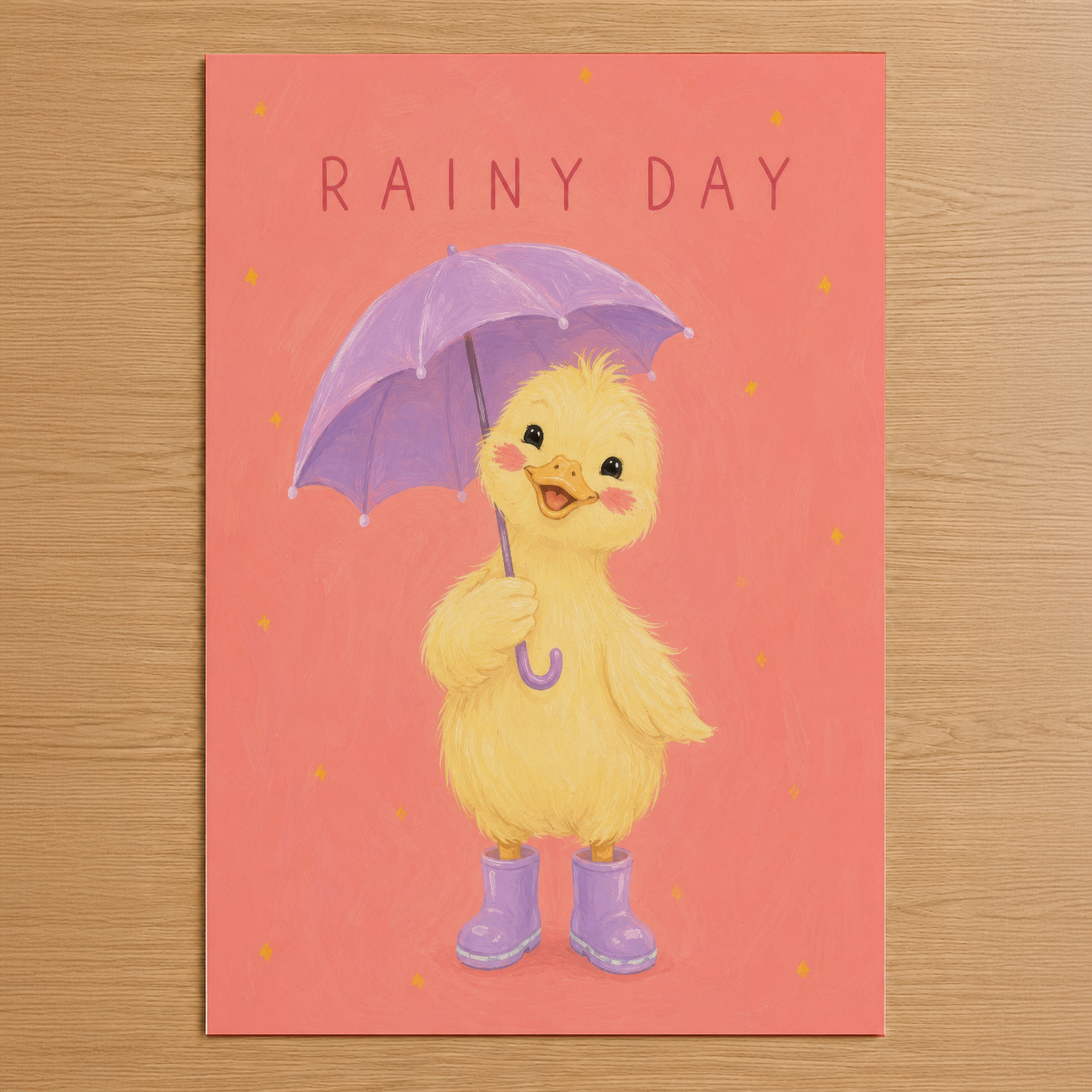 Mercan renkli zemine sarı ördek motifiyle yapılmış, şirin çocuk posteri - Rainy Day temalı duvar tablosu