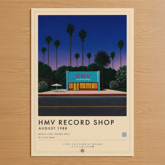 1988 Los Angeles'ın ikonik HMV plak mağazasını retro sanat stilinde gösteren minimalist poster, gece mavisi gökyüzü ve
