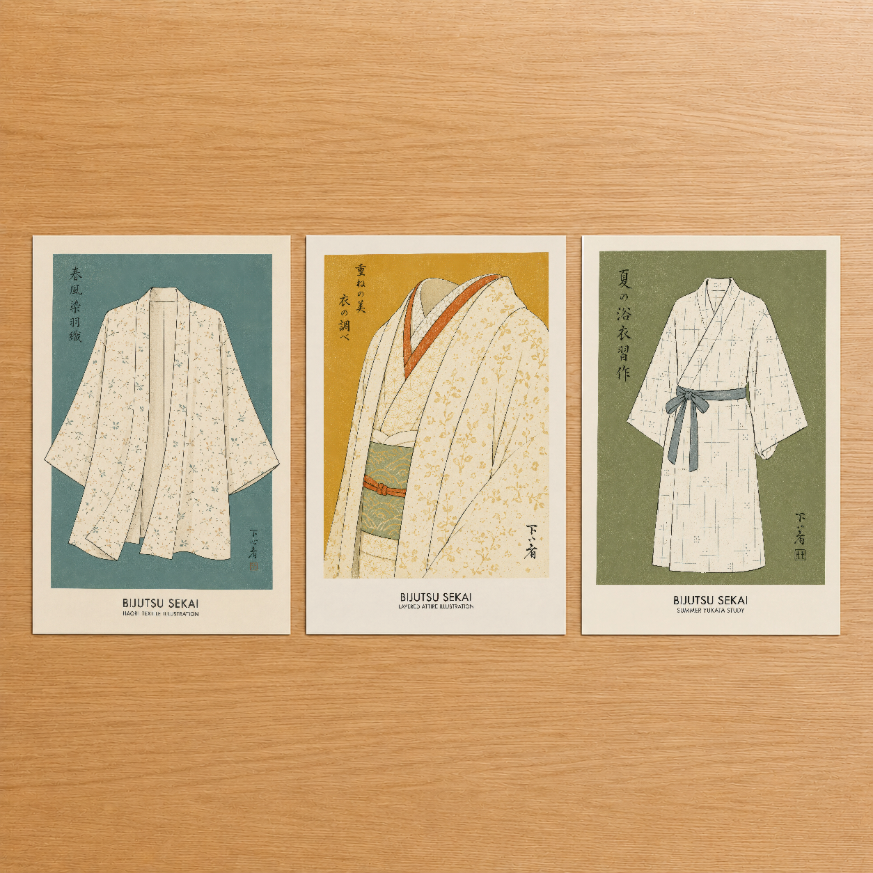 Japon Bijutsu Sekai stilinde üç panel tablo seti, vintage kimono tasarımlarını ceviz arka plana karşı sergiliyor.