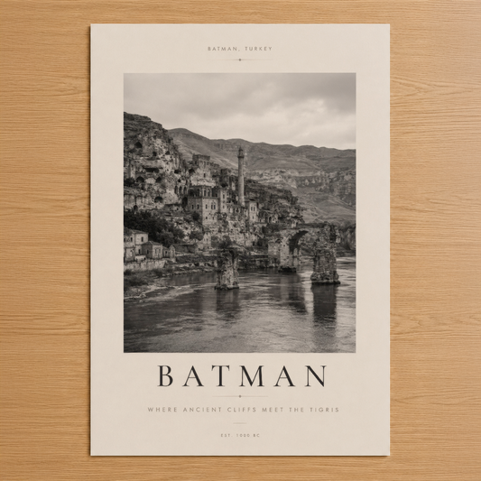 Batman, Türkiye siyah beyaz poster, Tigris Nehri'nin üzerinde antik kayalık şehir manzarası