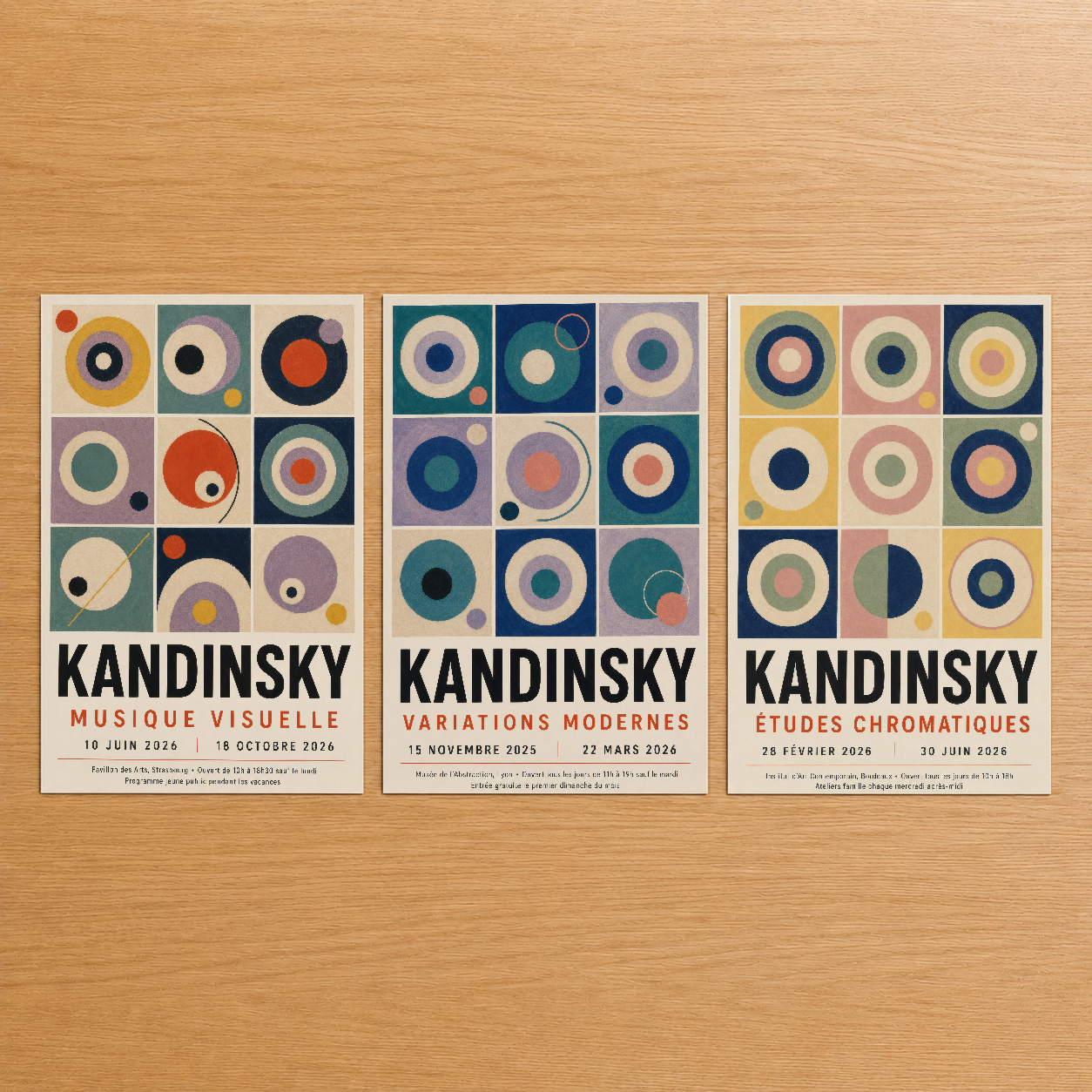 Kandinsky'nin geometrik daire motiflerinden ilham alan üç bölümlü soyut tablo seti, canlı renkler ve modern sanat estetişi.