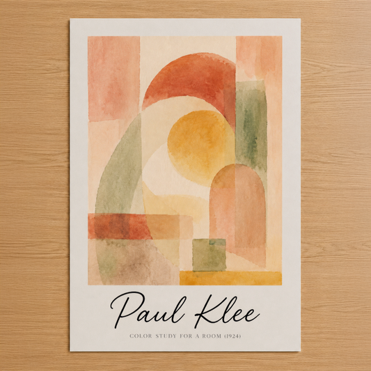 Paul Klee'nin 1924 tarihli soyut sanat tablosu, sıcak terrakota, sarı ve yeşil tonlarında geometrik şekillerin harmoniili