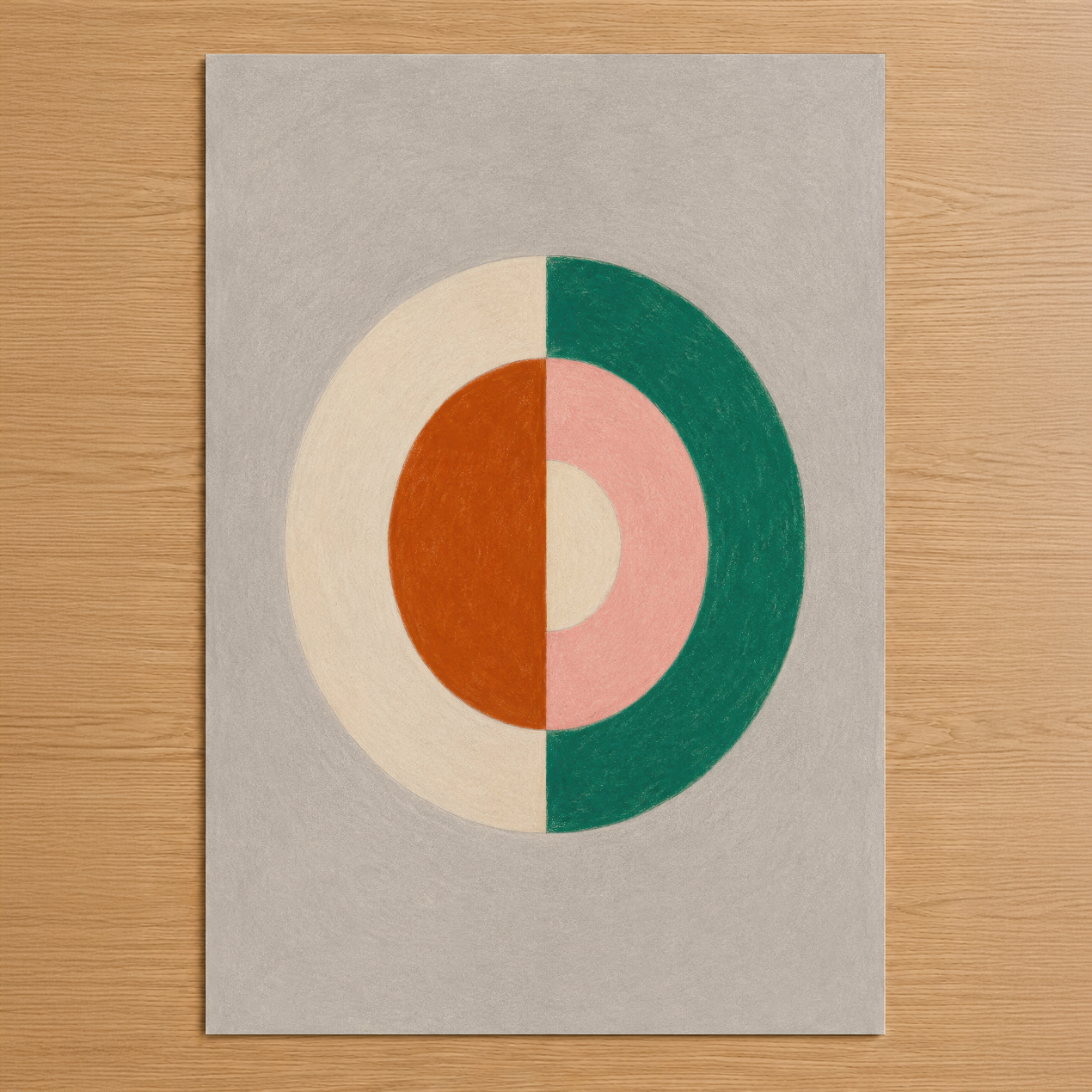 Geometrik tasarımla hazırlanmış, renkli çemberlerden oluşan minimalist duvar tablosu sanat eseri.