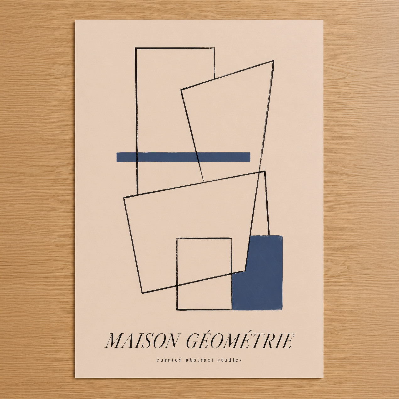 Maison Géométrie adlı soyut sanat tablosu, minimalist çizgiler ve deniz mavisi aksentlerle modern estetik sunar.