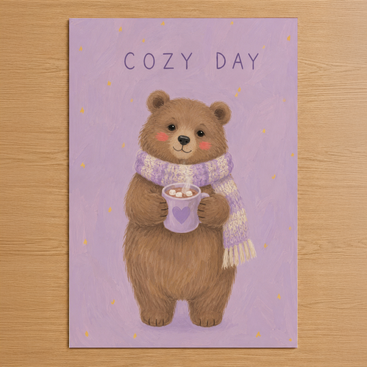 Pembe fonda sıcak bir kucak sunan, atkılı ayı ve sıcak içecek tasarımlı Cozy Day posteri.
